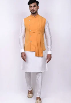 Solid Color Terry Rayon Nehru Jacket in Mustard