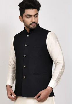Solid Color Terry Rayon Nehru Jacket in Black