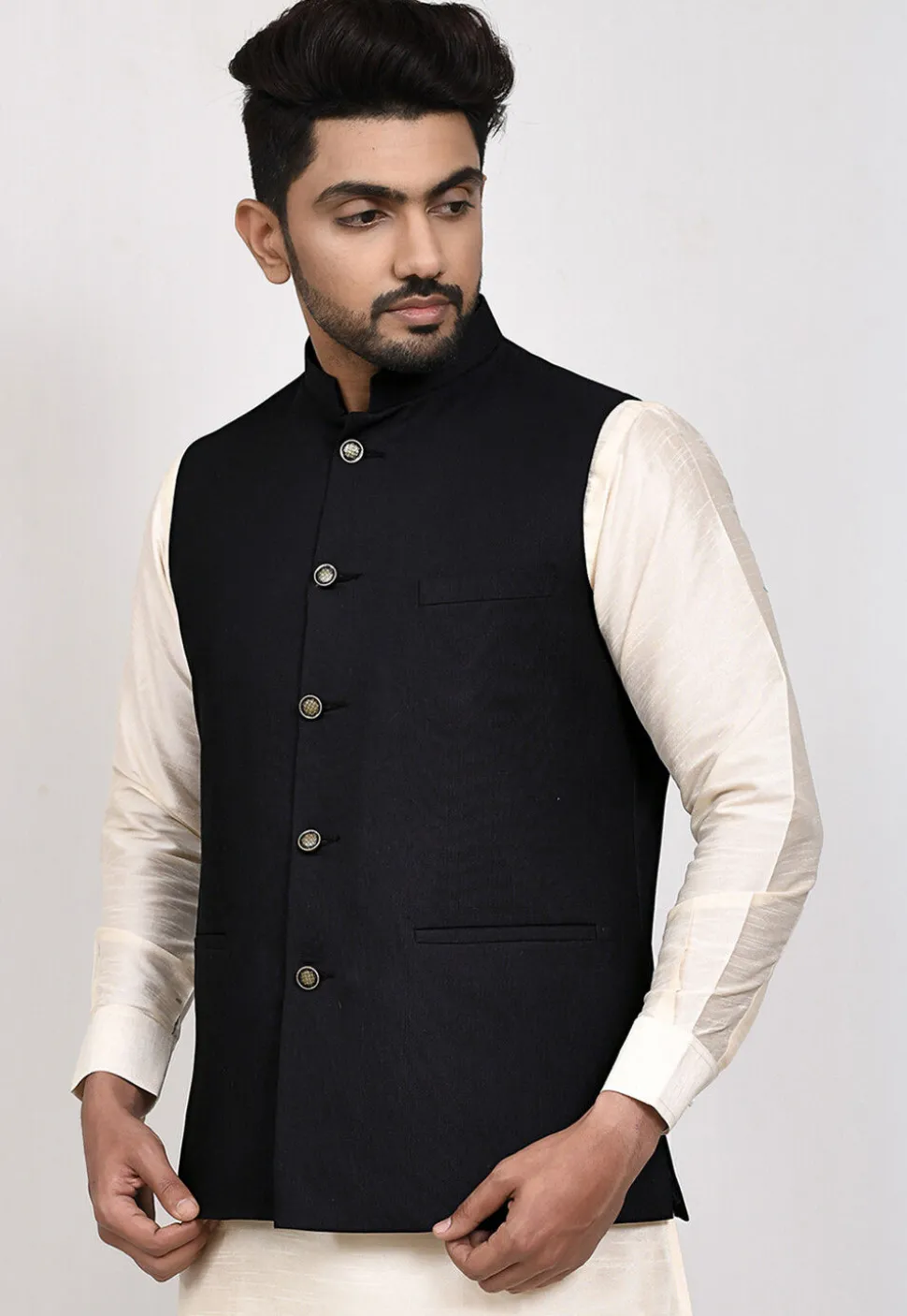 Solid Color Terry Rayon Nehru Jacket in Black