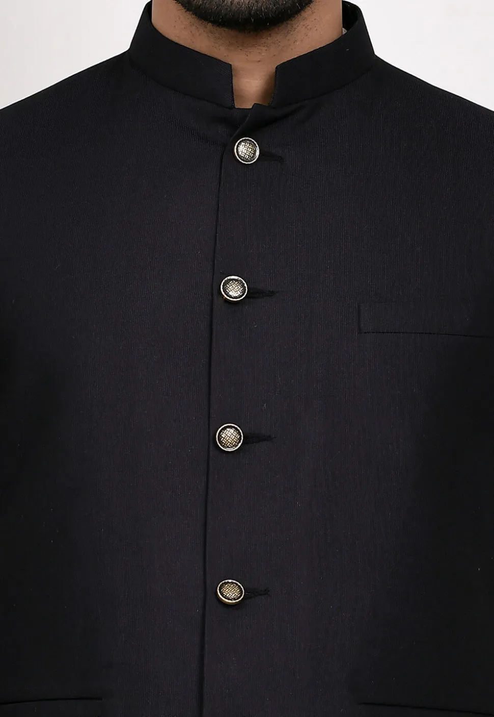 Solid Color Terry Rayon Nehru Jacket in Black