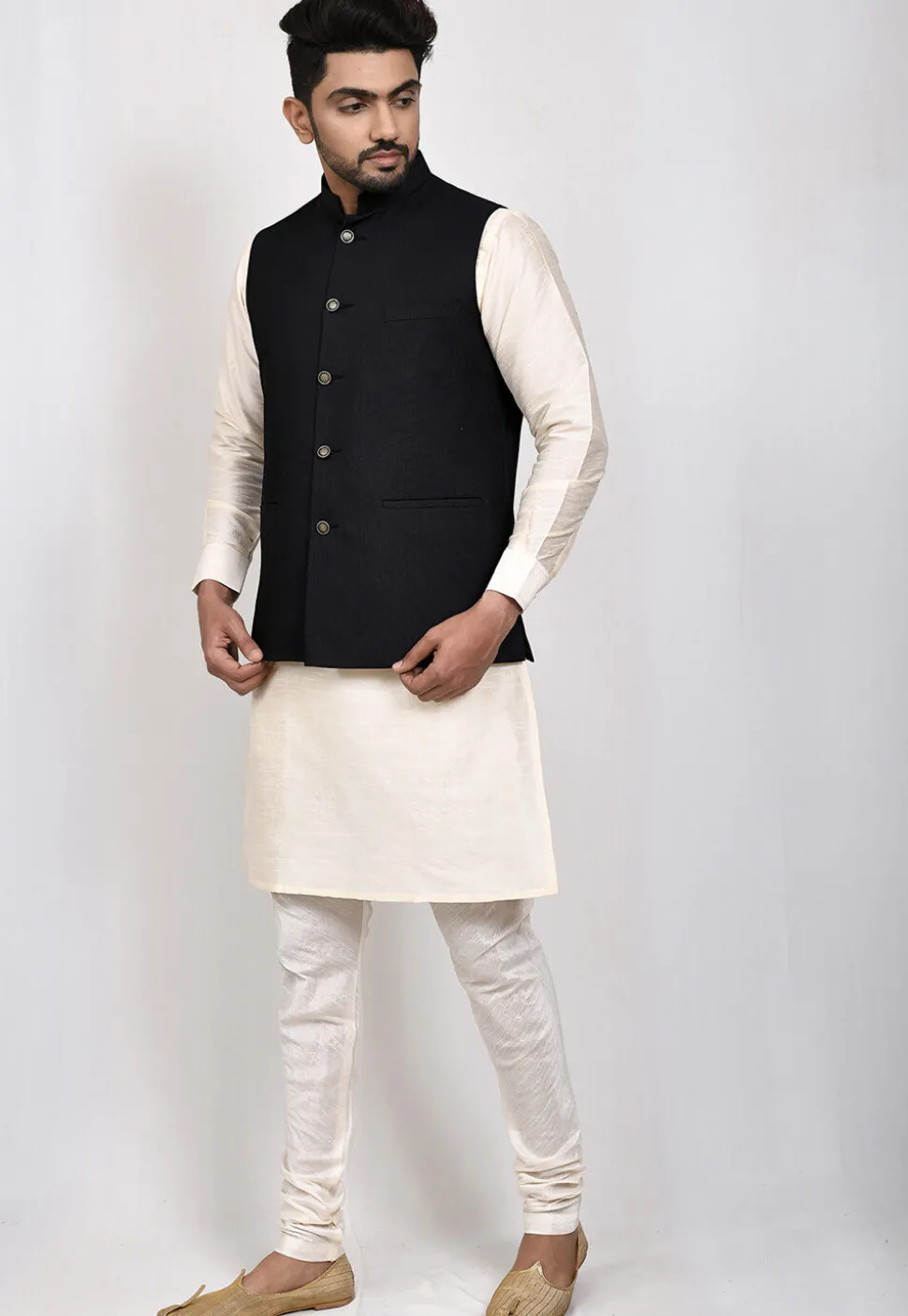 Solid Color Terry Rayon Nehru Jacket in Black