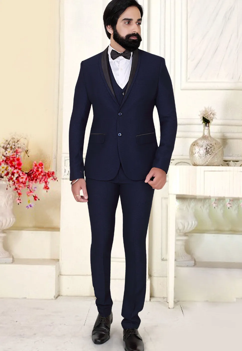 Solid Color Terry Rayon Tuxedo Set in Navy Blue