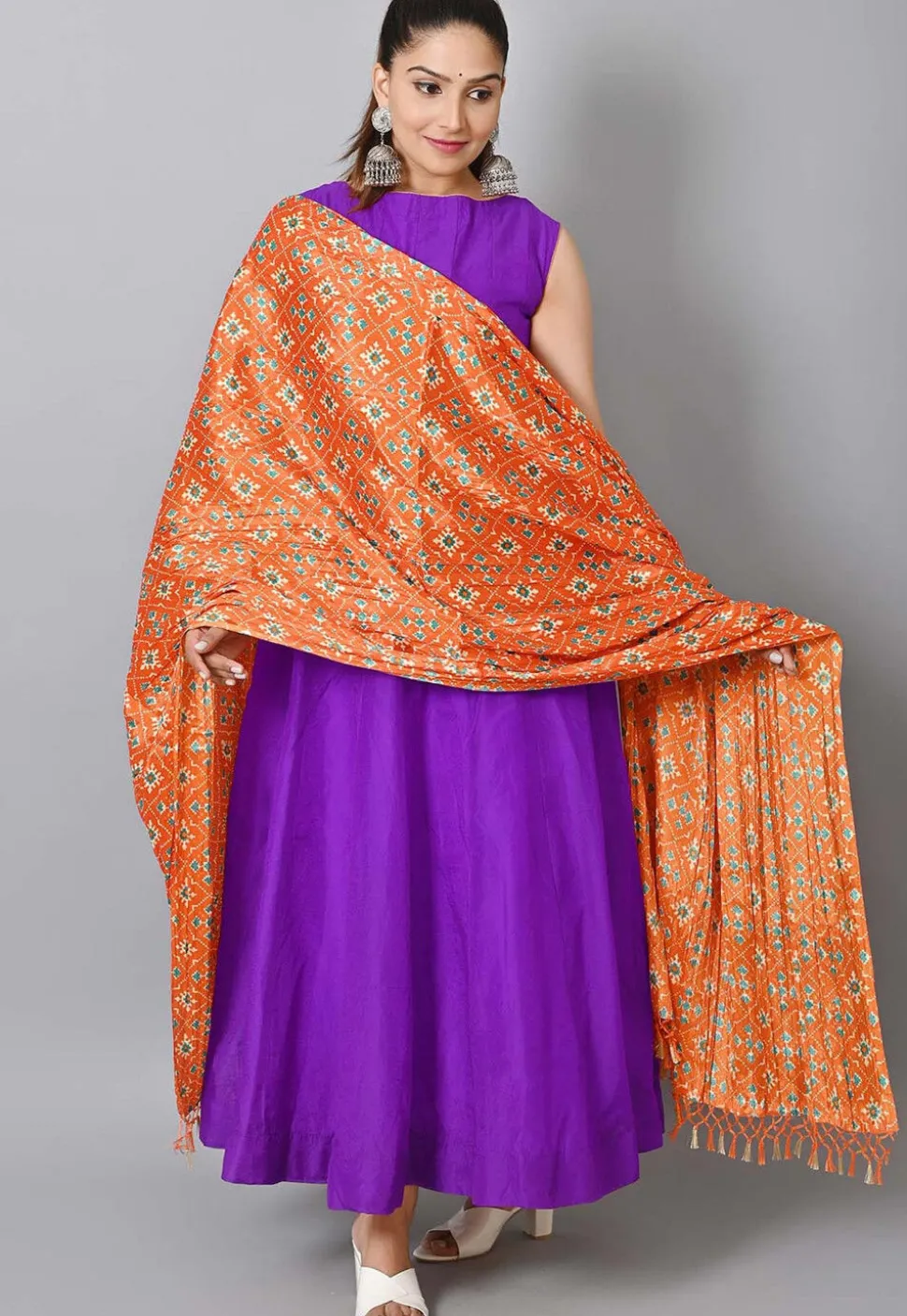 Solid Color Two Toned Silk Abaya Style Suit in Purple