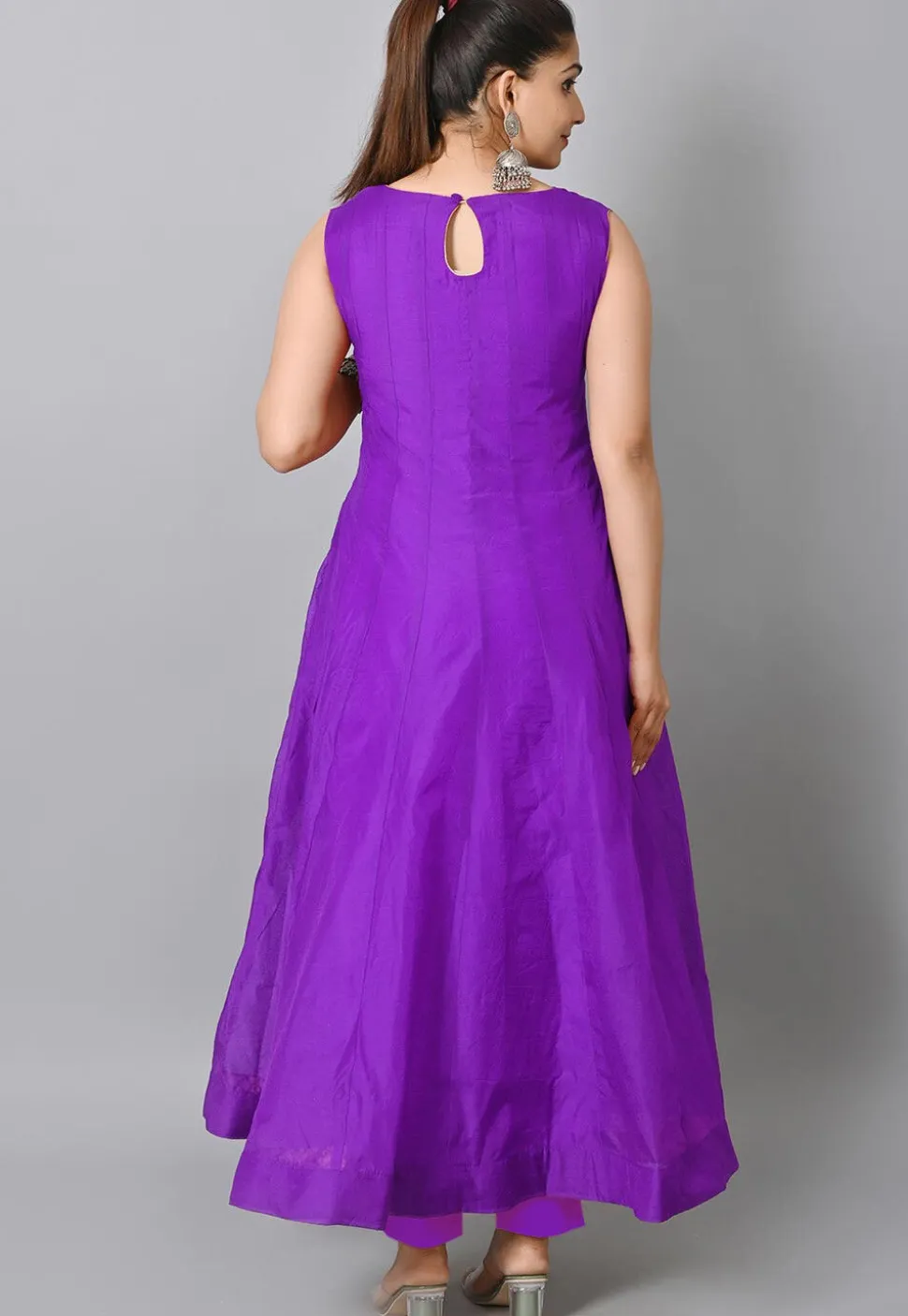 Solid Color Two Toned Silk Abaya Style Suit in Purple