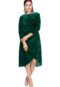Solid Color Velvet Asymmetric Dress in Green