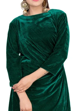 Solid Color Velvet Asymmetric Dress in Green