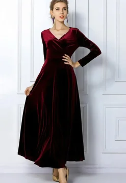 Solid Color Velvet Dress in Maroon