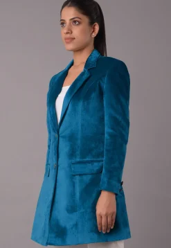 Solid Color Velvet Jacket in Teal Blue