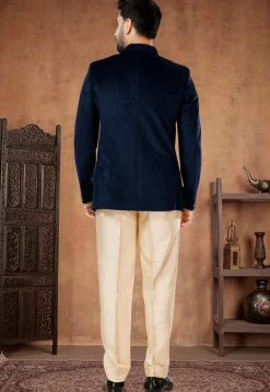 Solid Color Velvet Jodhpuri Suit in Navy Blue