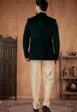 Solid Color Velvet Jodhpuri Suit in Dark Green