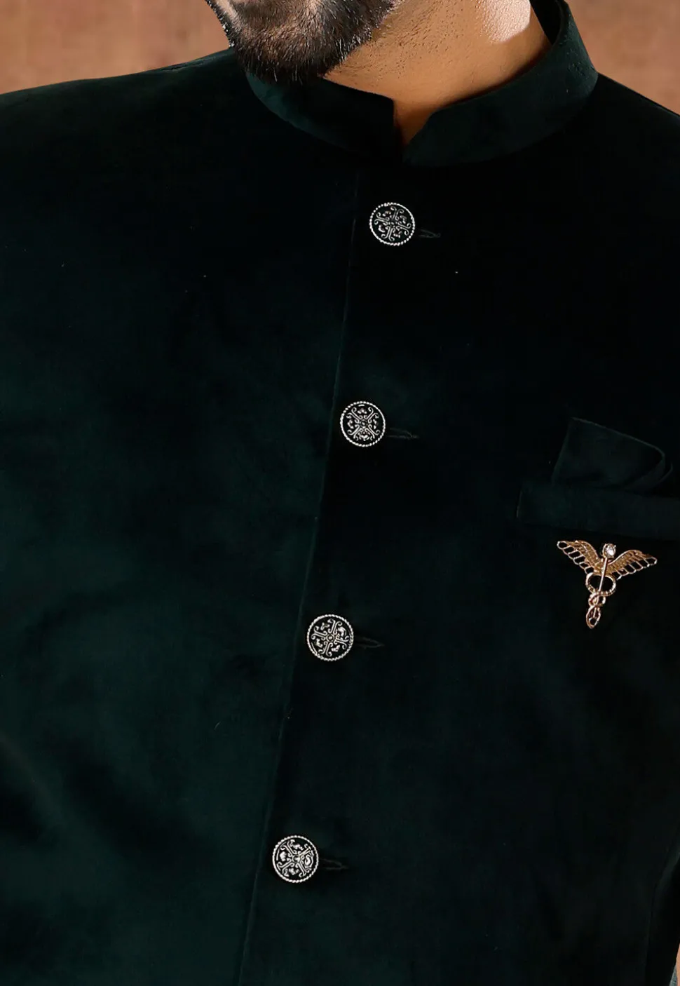 Solid Color Velvet Jodhpuri Suit in Dark Green