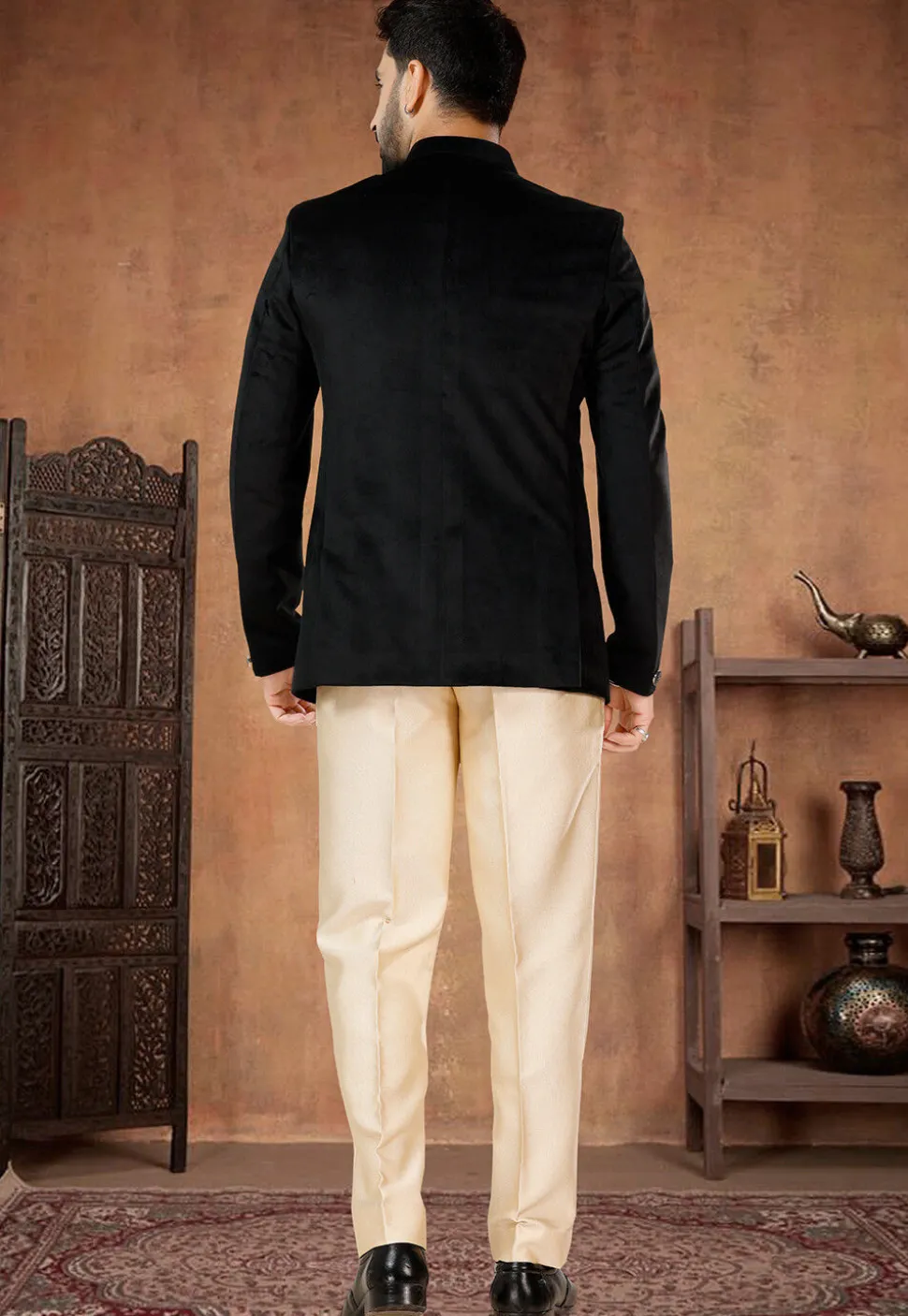 Solid Color Velvet Jodhpuri Suit in Black
