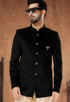 Solid Color Velvet Jodhpuri Suit in Black