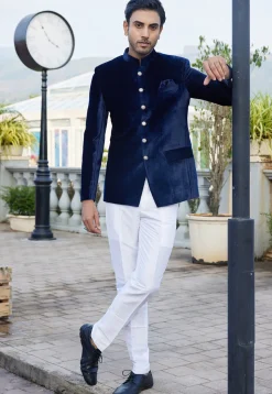 Solid Color Velvet Jodhpuri Suit in Navy Blue