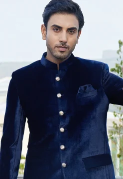 Solid Color Velvet Jodhpuri Suit in Navy Blue