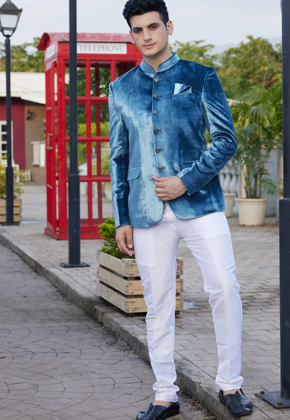 Solid Color Velvet Jodhpuri Suit in Teal Blue