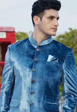 Solid Color Velvet Jodhpuri Suit in Teal Blue