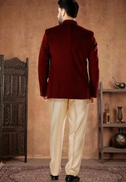 Solid Color Velvet Jodhpuri Suit in Maroon