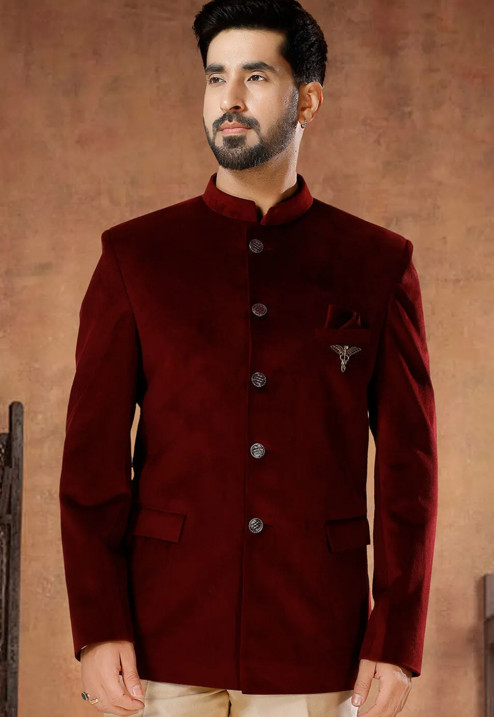 Solid Color Velvet Jodhpuri Suit in Maroon