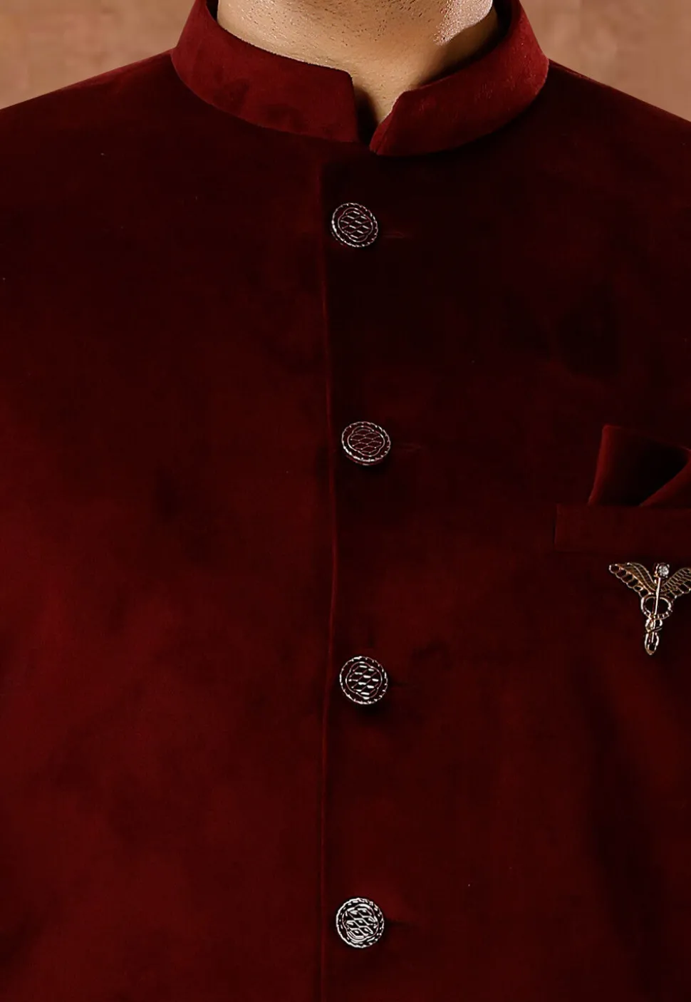 Solid Color Velvet Jodhpuri Suit in Maroon