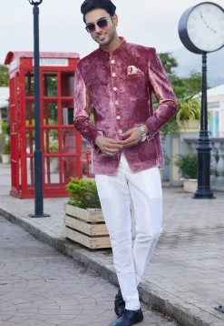 Solid Color Velvet Jodhpuri Suit in Pink