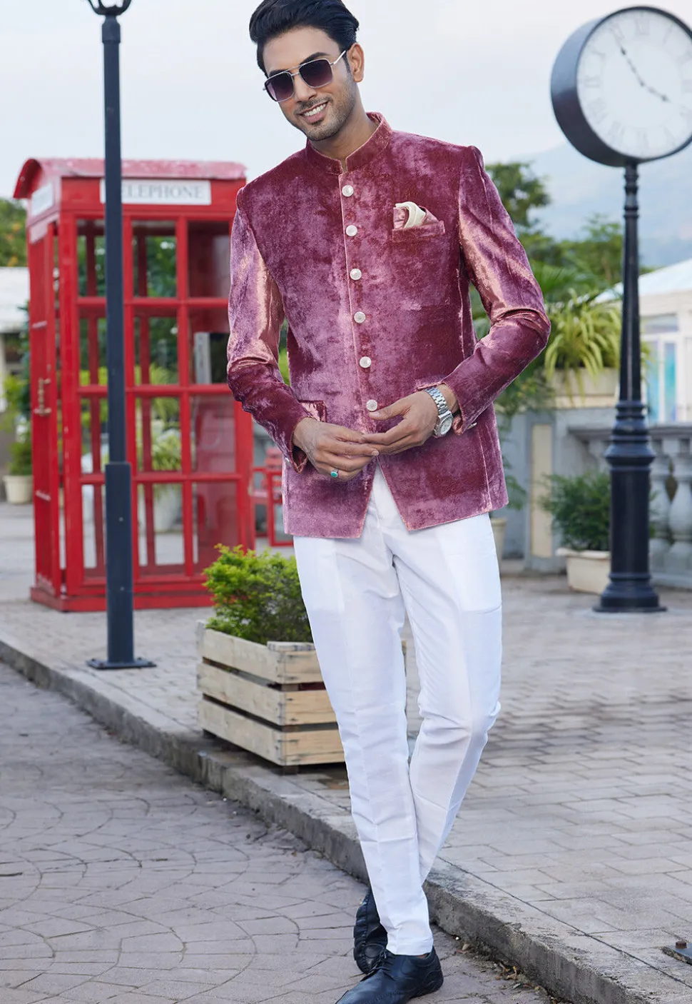 Solid Color Velvet Jodhpuri Suit in Pink
