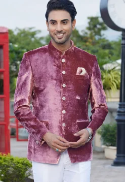 Solid Color Velvet Jodhpuri Suit in Pink