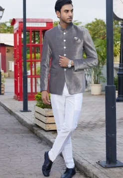 Solid Color Velvet Jodhpuri Suit in Grey