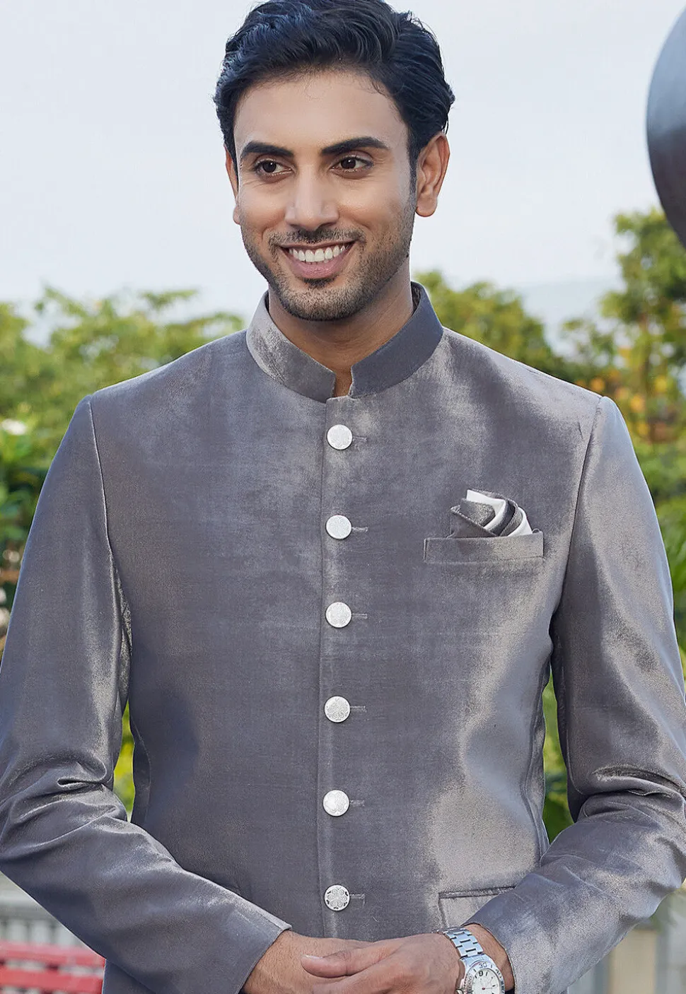 Solid Color Velvet Jodhpuri Suit in Grey