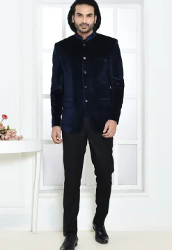 Solid Color Velvet Jodhpuri Suit in Navy Blue