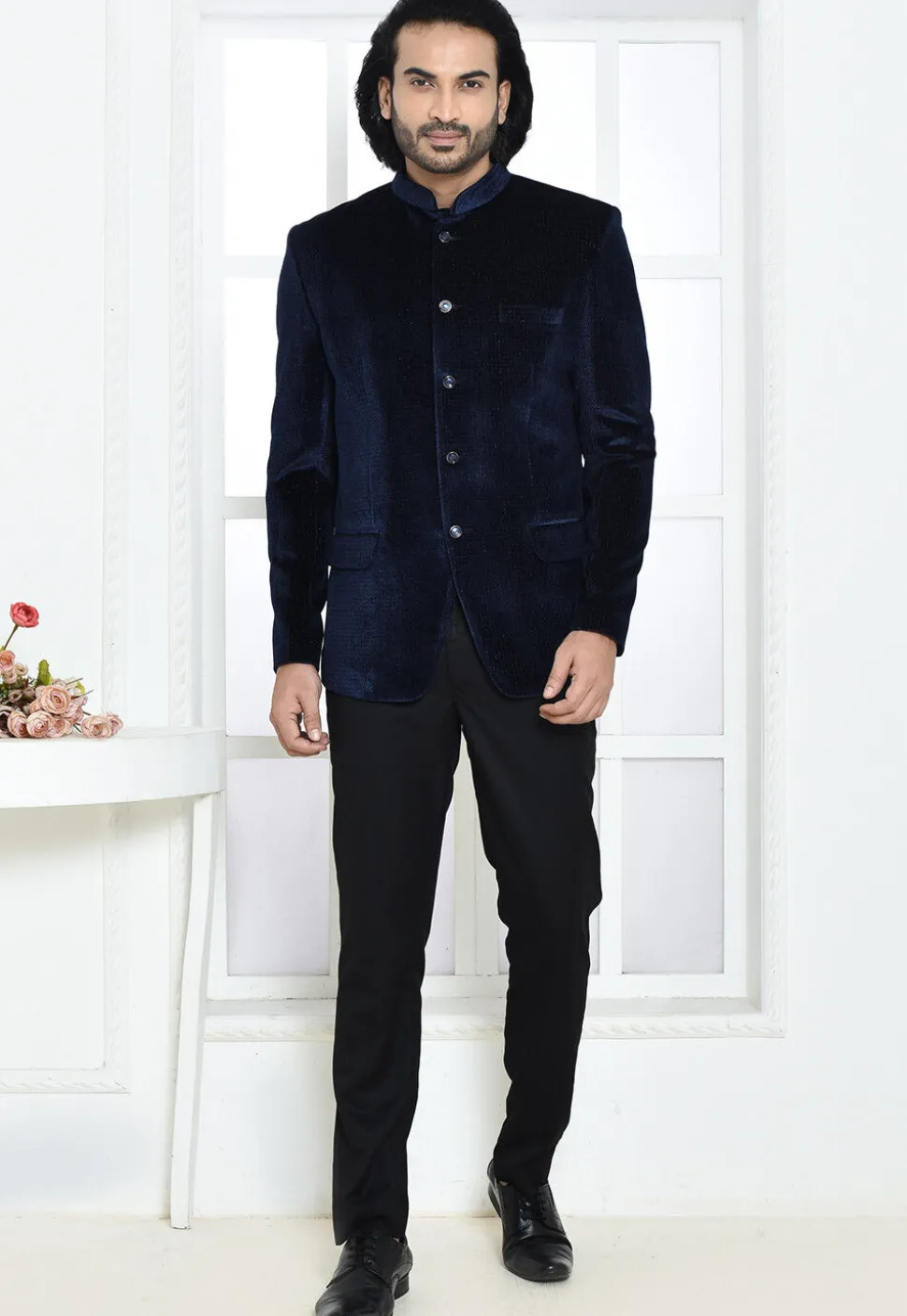 Solid Color Velvet Jodhpuri Suit in Navy Blue