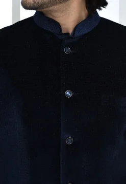 Solid Color Velvet Jodhpuri Suit in Navy Blue