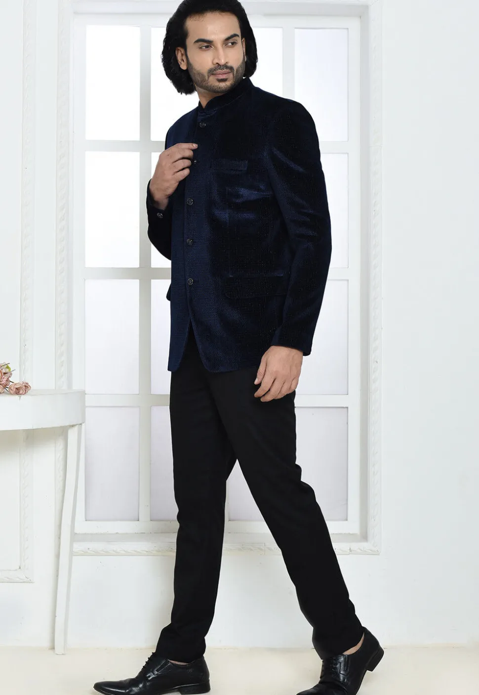 Solid Color Velvet Jodhpuri Suit in Navy Blue