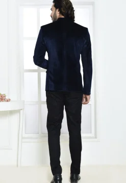 Solid Color Velvet Jodhpuri Suit in Navy Blue
