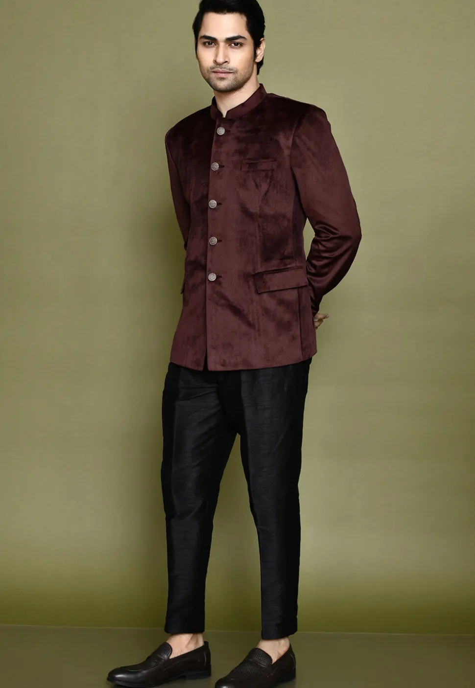 Solid Color Velvet Kurta Set in Wine