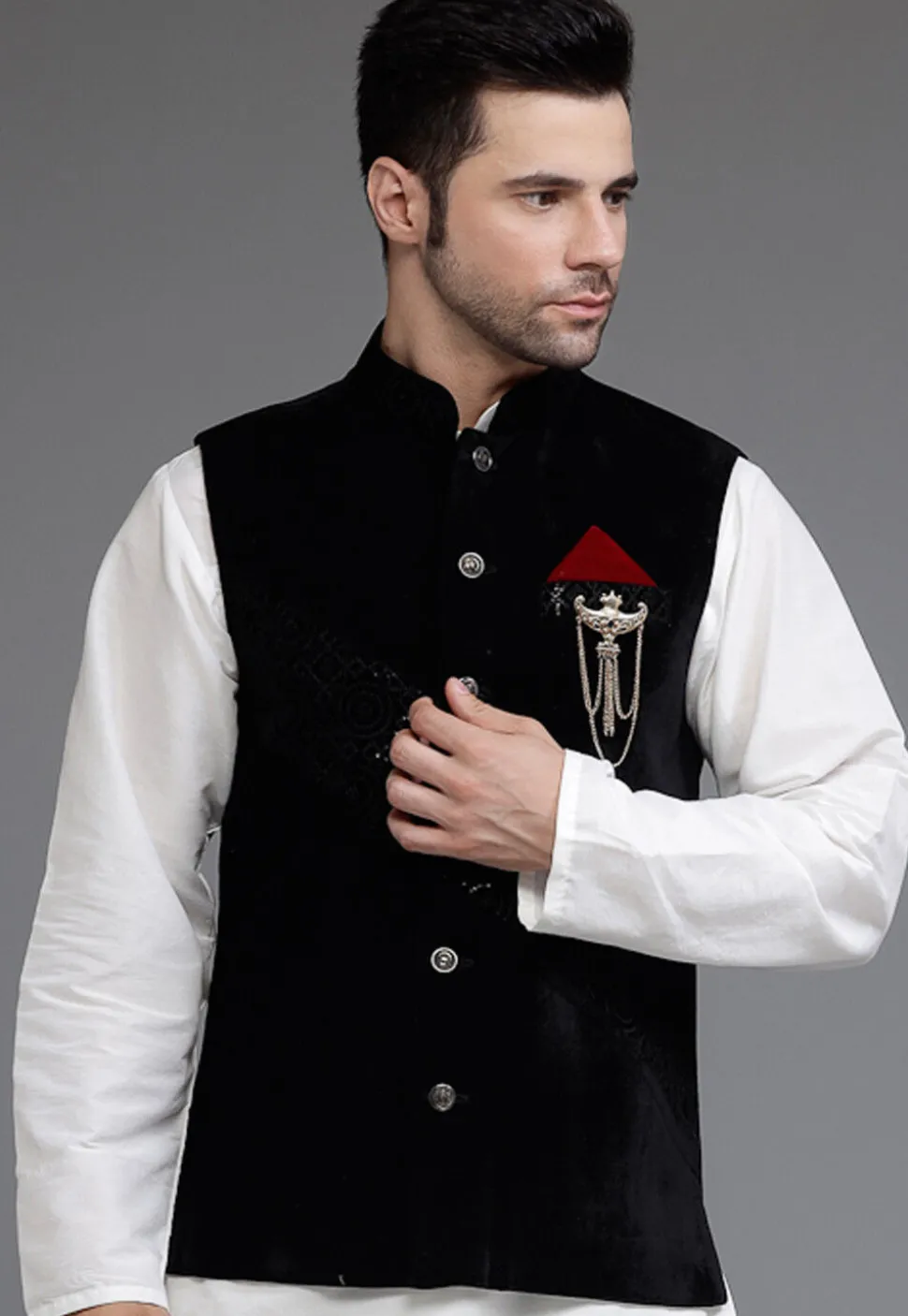 Solid Color Velvet Nehru Jacket in Black