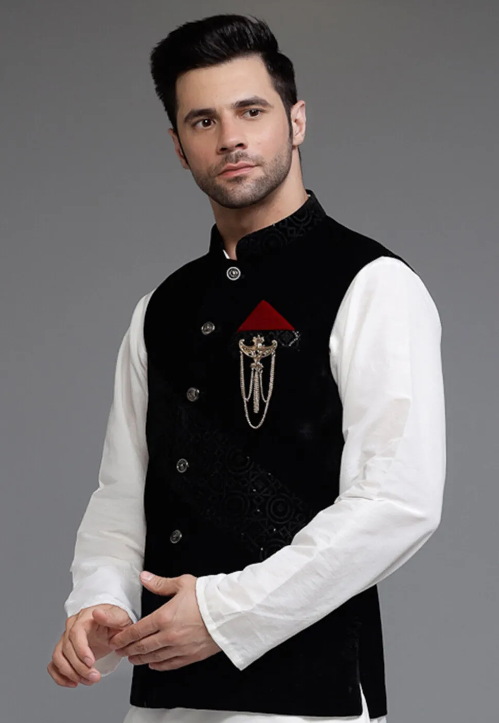 Solid Color Velvet Nehru Jacket in Black