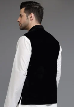Solid Color Velvet Nehru Jacket in Black