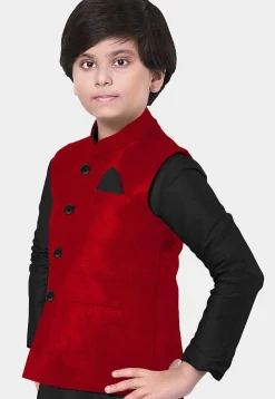 Solid Color Velvet Nehru Jacket in Red