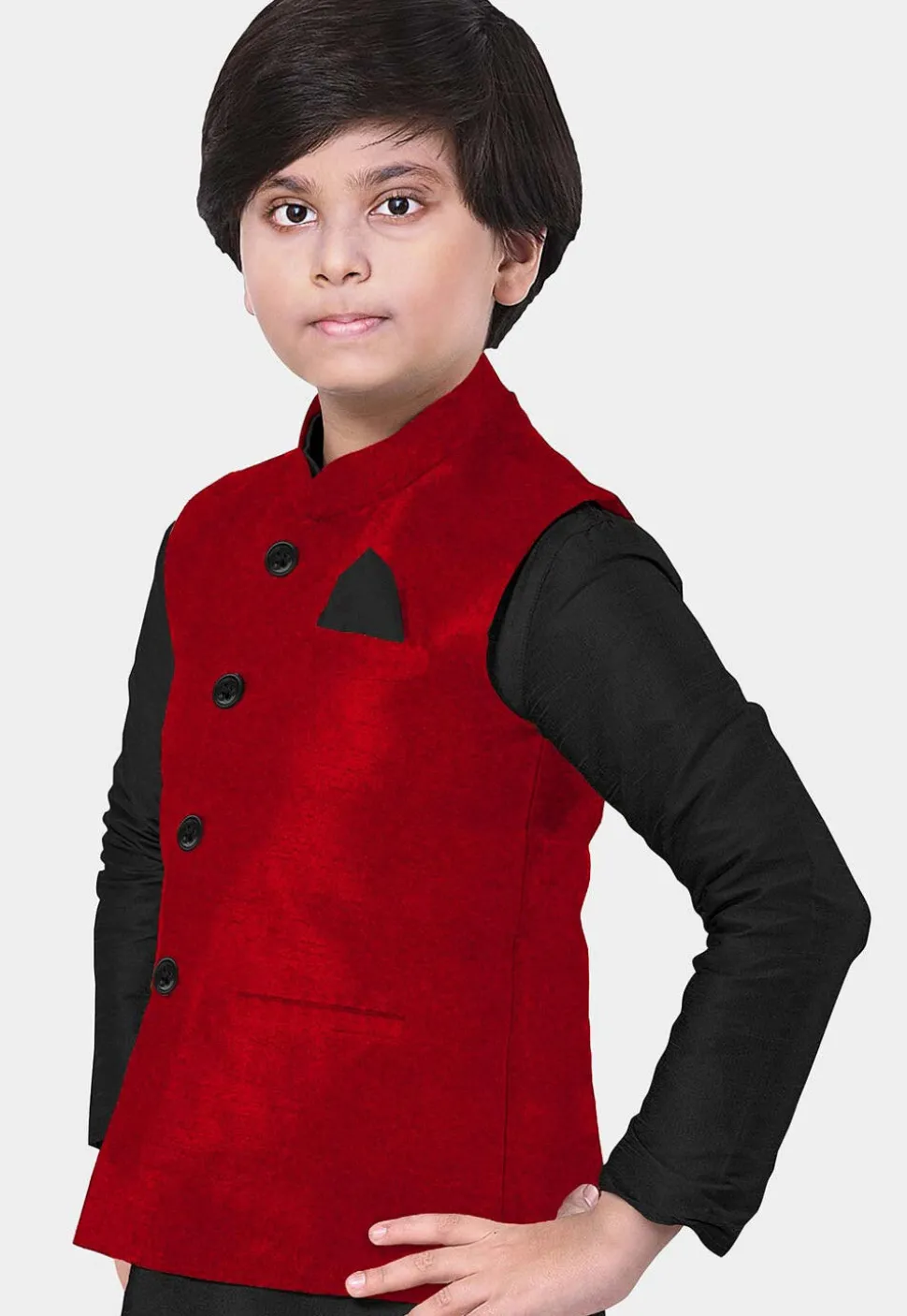 Solid Color Velvet Nehru Jacket in Red