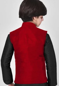 Solid Color Velvet Nehru Jacket in Red