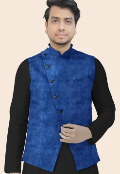 Solid Color Velvet Nehru Jacket in Royal Blue