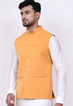 Solid Color Velvet Nehru Jacket in Mustard