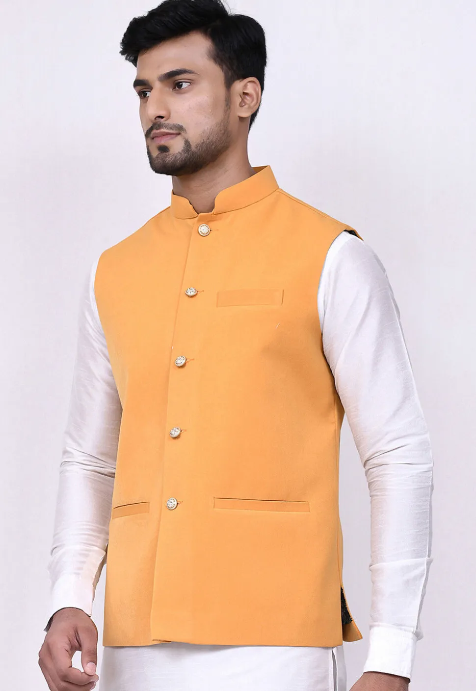 Solid Color Velvet Nehru Jacket in Mustard