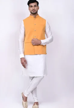 Solid Color Velvet Nehru Jacket in Mustard