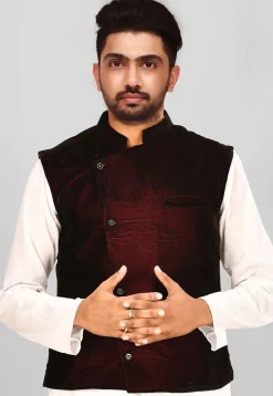 Solid Color Velvet Nehru Jacket in Maroon