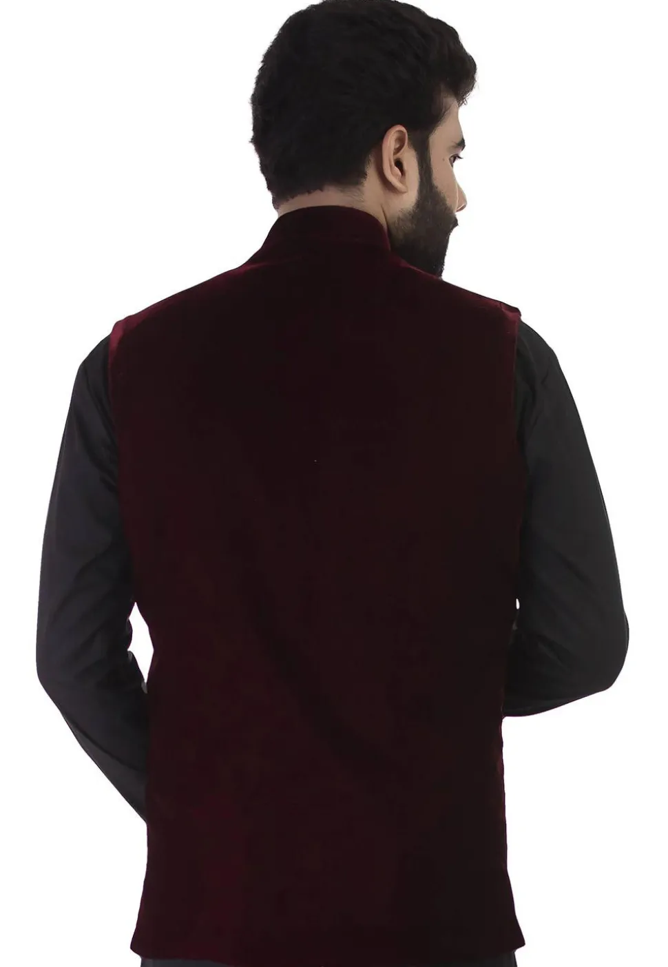 Solid Color Velvet Nehru Jacket in Maroon