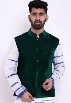 Solid Color Velvet Nehru Jacket in Dark Green