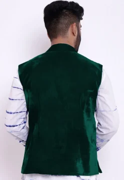 Solid Color Velvet Nehru Jacket in Dark Green