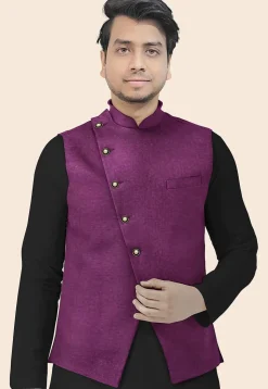 Solid Color Velvet Nehru Jacket in Dark Purple